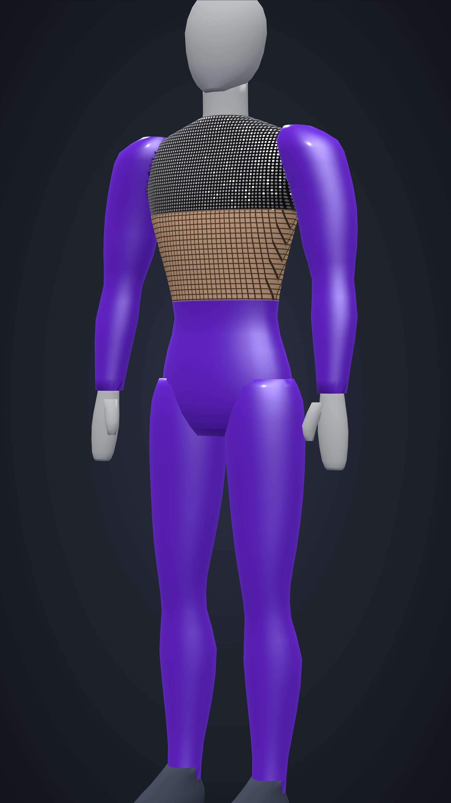 A colour guard unitard designed in SET's Costume Studio, on the 3D preview mannequin: a black velvet bodice under silver sequins, a nude illusion-mesh midriff, and purple satin sleeves and legs.